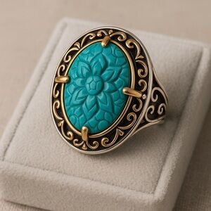 Carolyn Pollack Carved Turquoise Sterling Bronze Artisan Relios Ring EUC 9 #320